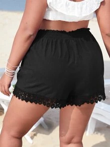 SHEIN Unity Plus Shirred Frill Trim Guipure Lace Hem Shorts - Black - View 2