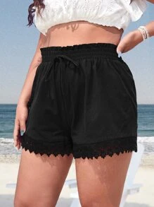SHEIN Unity Plus Shirred Frill Trim Guipure Lace Hem Shorts - Black - View 3