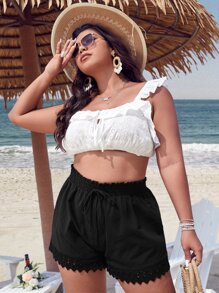 SHEIN Unity Plus Shirred Frill Trim Guipure Lace Hem Shorts - Black - View 5