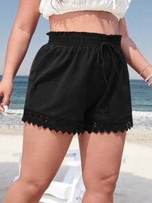 SHEIN Unity Plus Shirred Frill Trim Guipure Lace Hem Shorts - Black - View 6