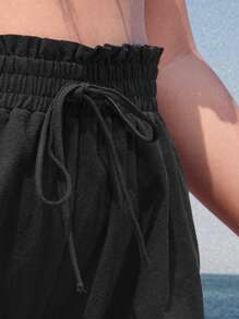 SHEIN Unity Plus Shirred Frill Trim Guipure Lace Hem Shorts - Black - View 7