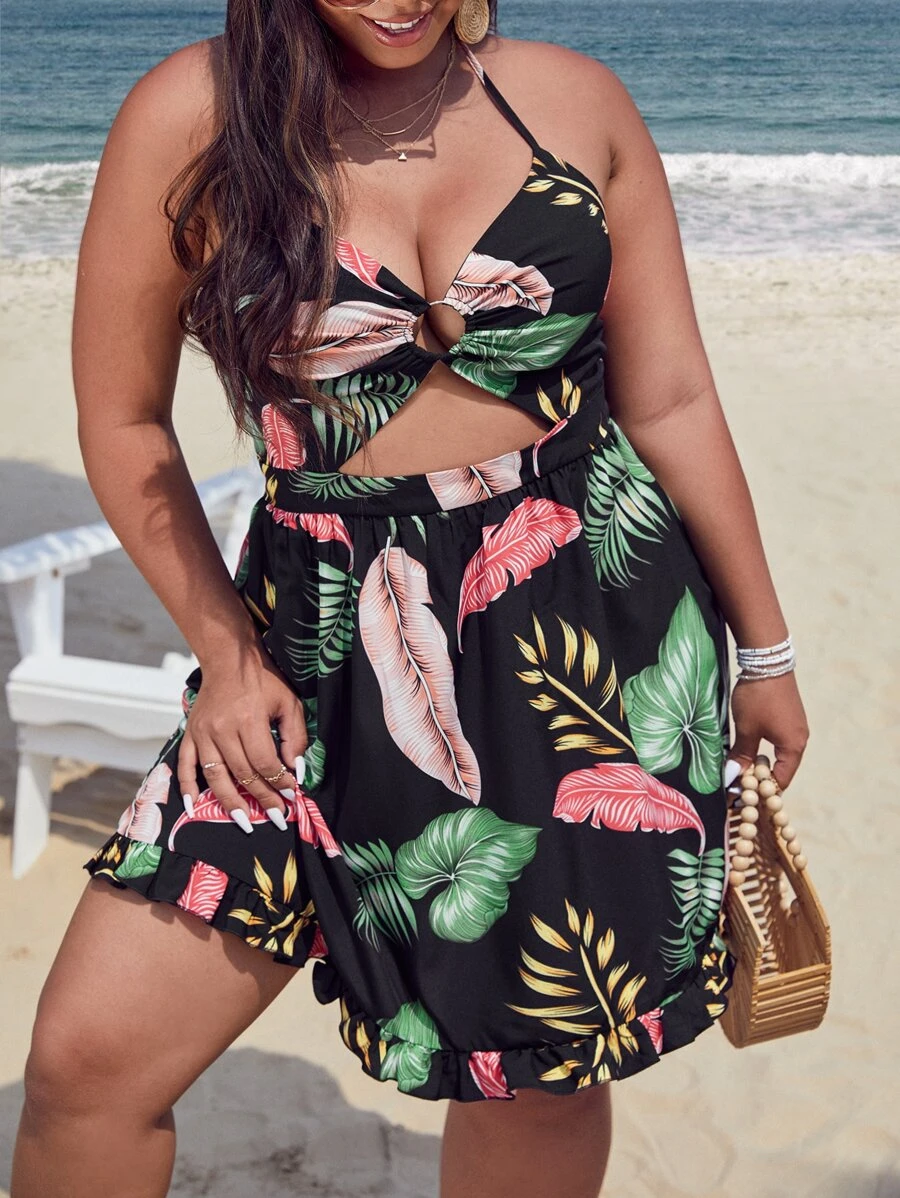 SHEIN Unity Plus Tropical Print Cut Out Halter Neck Backless Ruffle Hem Dress - Multicolor - View 1