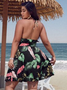 SHEIN Unity Plus Tropical Print Cut Out Halter Neck Backless Ruffle Hem Dress - Multicolor - View 2