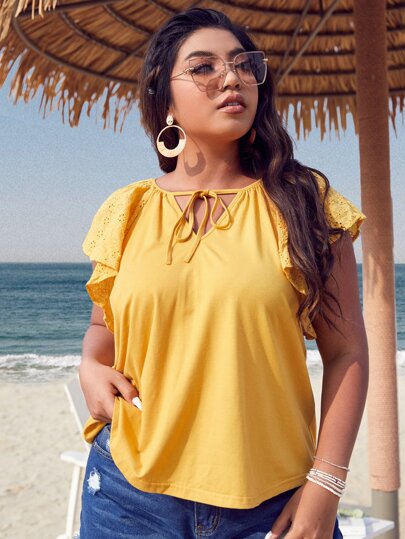 SHEIN Unity Plus Eyelet Embroidery Butterfly Sleeve Tie Neck Tee