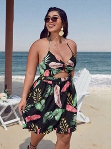 SHEIN Unity Plus Tropical Print Cut Out Halter Neck Backless Ruffle Hem Dress - Multicolor - View 4