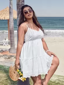 SHEIN VCAY Plus Frilled Eyelet Embroidered Cami Dress - White - View 4