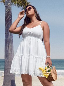 SHEIN VCAY Plus Frilled Eyelet Embroidered Cami Dress - White - View 1