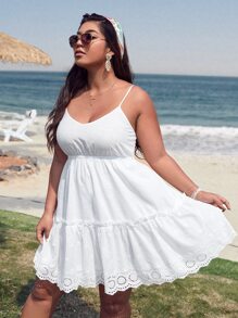 SHEIN VCAY Plus Frilled Eyelet Embroidered Cami Dress - White - View 5
