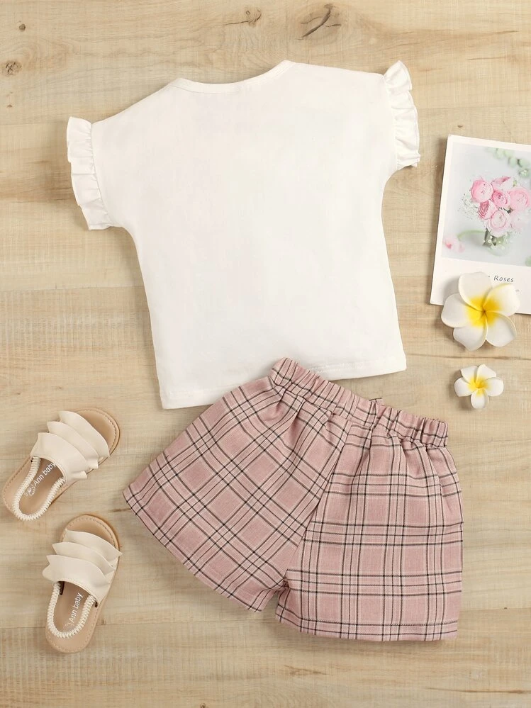 SHEIN เสื้อยืดแขนสั้นพิมพ์ลายกราฟิกสำหรับเด็กผู้หญิงและกางเกงขาสั้นโบว์ลายสก๊อต - มัลติคัลเลอร์ - ดู 2