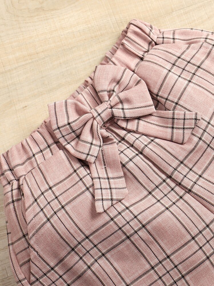 SHEIN เสื้อยืดแขนสั้นพิมพ์ลายกราฟิกสำหรับเด็กผู้หญิงและกางเกงขาสั้นโบว์ลายสก๊อต - มัลติคัลเลอร์ - ดู 5