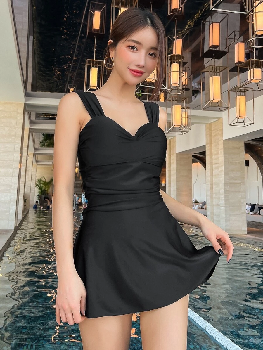 DAZY Vestido de baño con fruncidos y cordón, para vacaciones de verano en la playa - Negro - Ver 1