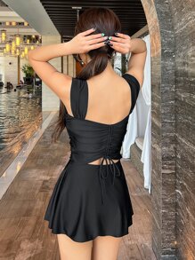 DAZY Ruched Drawstring Swim Dress Summer Beach Vacation - Black - View 2