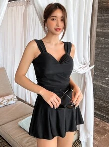 DAZY Ruched Drawstring Swim Dress Summer Beach Vacation - Black - View 5