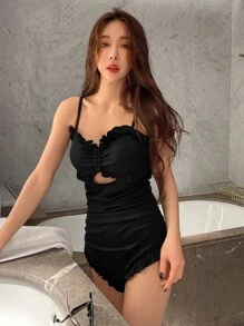 DAZY 荷叶边镂空连体泳衣夏季沙滩女装度假 - 黑色 - 查看 3