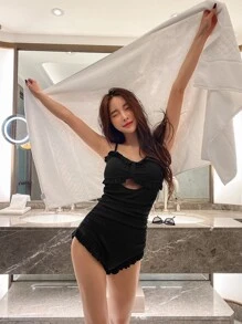 DAZY 荷叶边镂空连体泳衣夏季沙滩女装度假 - 黑色 - 查看 6