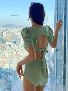 DAZY Solid Bikini Set Short Puff Sleeve Push Up Top & High Waisted Bottom 2 Piece Bathing Suit - Mint Green - View 6