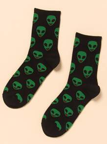Men Alien Print Crew Socks - Black - View 1