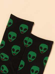 Men Alien Print Crew Socks - Black - View 2