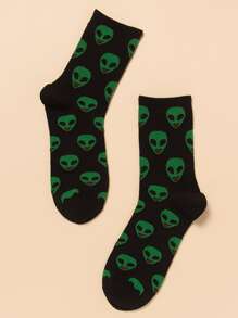 Men Alien Print Crew Socks - Black - View 3