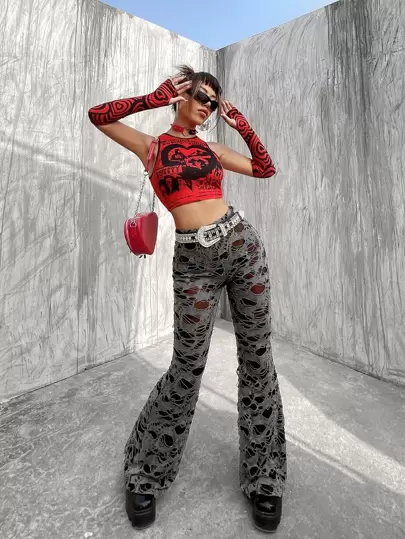 ROMWE PUNK Figure & Slogan Graphic Contrast Binding Crop Tank Top With Arm Sleeves