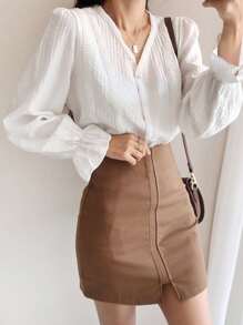 DAZY 荷叶边袖纽扣前开襟衬衫，荷叶边，秋装 - 白色 - 查看 3