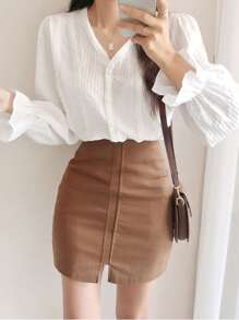 DAZY 荷叶边袖纽扣前开襟衬衫，荷叶边，秋装 - 白色 - 查看 8