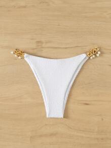 Textured Faux Pearl Decor Chain Bikini Bottom - White - View 4