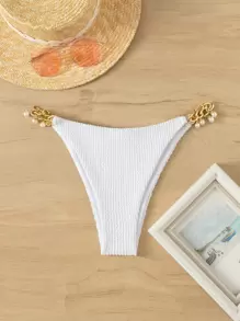 Textured Faux Pearl Decor Chain Bikini Bottom - White - View 6