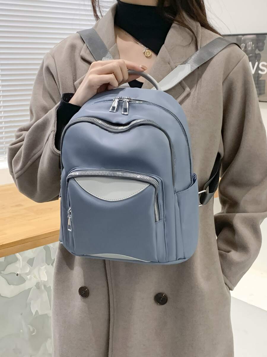 撞色多口袋弧形頂部後背包 - 藍色 - 查看 1