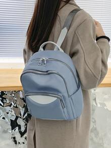 撞色多口袋弧形頂部後背包 - 藍色 - 查看 2