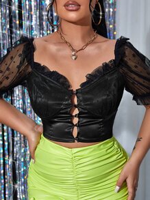 SHEIN SXY Áo sơ mi nữ Lộ Lưng Tương phản Mesh Nghề thêu viền lá sen Xù Nút phía trước màu trơn Hấp dẫn - màu đen - Xem 2