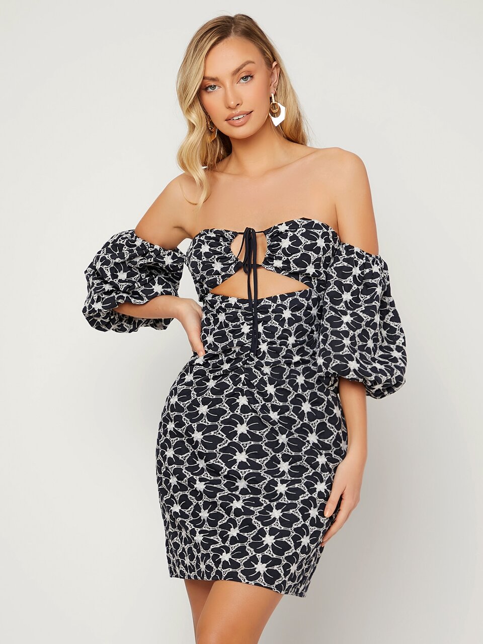 Allover Floral Print Off Shoulder Cut Out Drawstring Front Dress