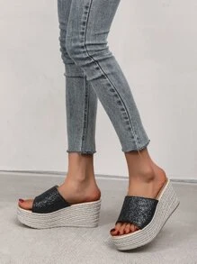Glitter Wedge Slide Sandals - Black - View 1