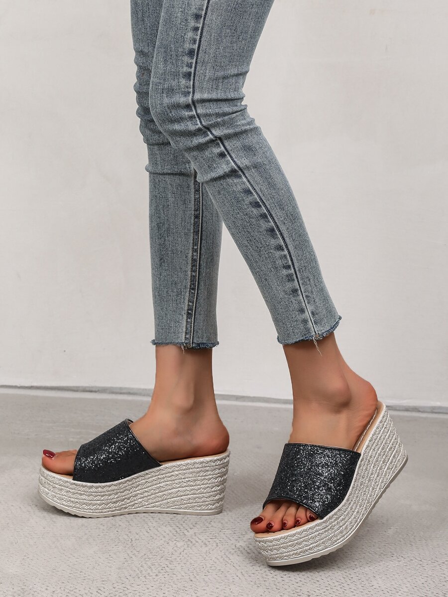Glitter Wedge Slide Sandals - Black - View 1