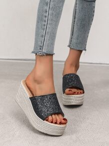 Glitter Wedge Slide Sandals - Black - View 3