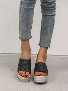 Glitter Wedge Slide Sandals - Black - View 4
