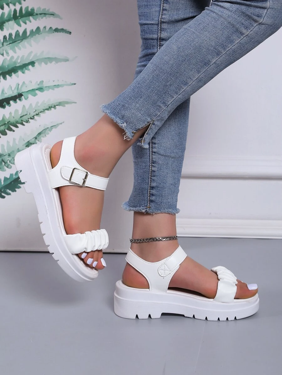Ruched Ankle Strap Wedge Sandals - White - View 1
