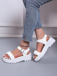 Ruched Ankle Strap Wedge Sandals - White - View 5