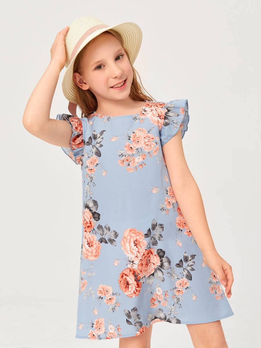 SHEIN Vestido floral elegante para niña preadolescente con cuello redondo y dobladillo con volantes - Neblina azul - Ver 1