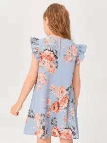 SHEIN Vestido floral elegante para niña preadolescente con cuello redondo y dobladillo con volantes - Neblina azul - Ver 2