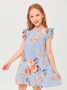 SHEIN Vestido floral elegante para niña preadolescente con cuello redondo y dobladillo con volantes - Neblina azul - Ver 4
