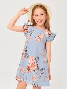 SHEIN Vestido floral elegante para niña preadolescente con cuello redondo y dobladillo con volantes - Neblina azul - Ver 5