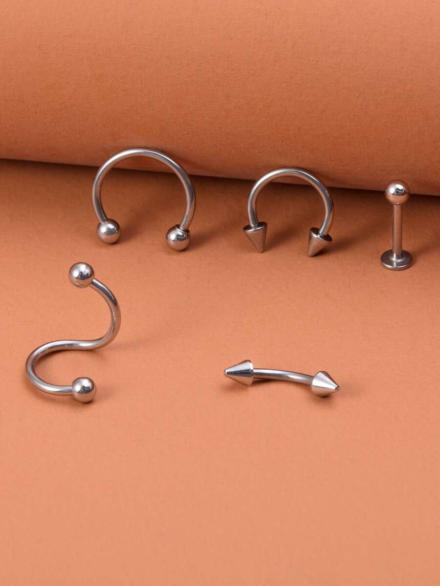 5 piezas/set Piercing para el cuerpo set joyería de acero inoxidable moda Punk Piercing perfecto para mujeres y hombres joyería para el cuerpo regalo - Plateado - Ver 1