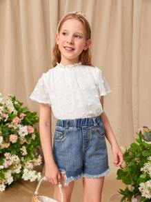 SHEIN Girls Frilled Neck Swiss Dot Top - White - View 1