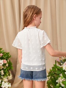 SHEIN Girls Frilled Neck Swiss Dot Top - White - View 2