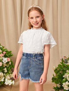 SHEIN Girls Frilled Neck Swiss Dot Top - White - View 3