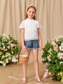 SHEIN Girls Frilled Neck Swiss Dot Top - White - View 4