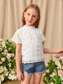 SHEIN Girls Frilled Neck Swiss Dot Top - White - View 5