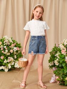 SHEIN Girls Frilled Neck Swiss Dot Top - White - View 6