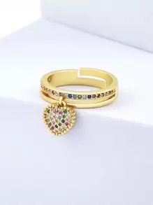 Cubic Zirconia Heart Decor Ring - Yellow Gold - View 1